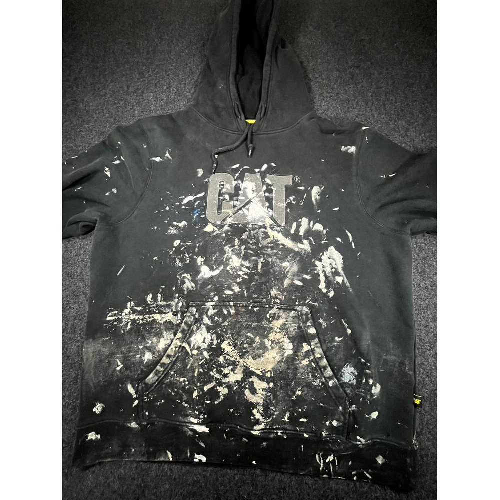 CAT Caterpillar Hoodie Mens 2XL Black Cotton Paint Splatter Distressed Workwear